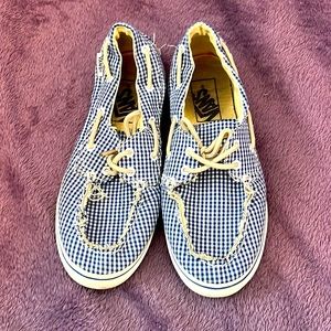 Used Vans white and blue plaid canvas, boat shoes, size 5